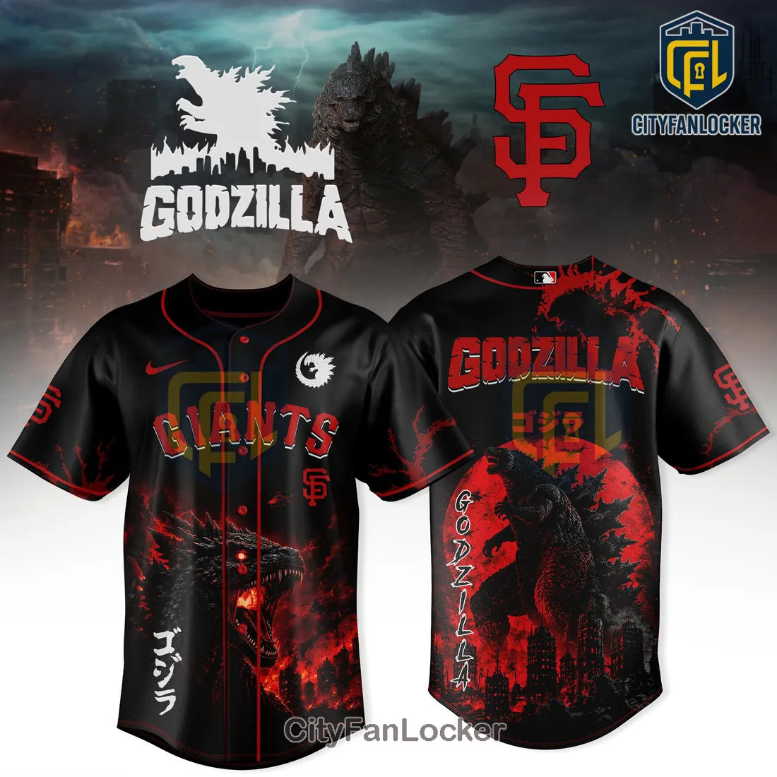 Godzilla x San Francisco Giants Black Red Baseball Jersey
