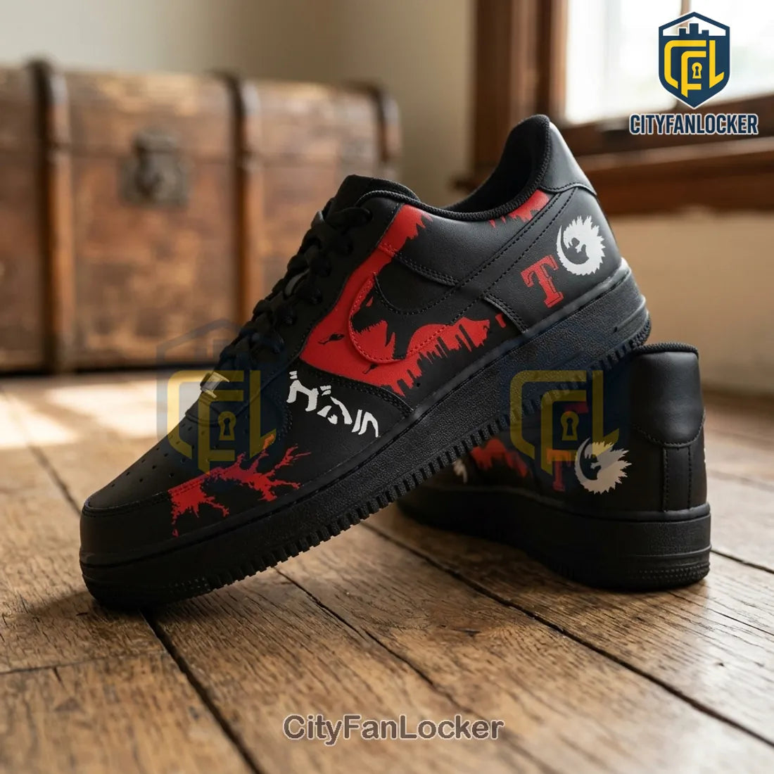 Godzilla x Texas Rangers Black Red Air Force 1 Sneakers
