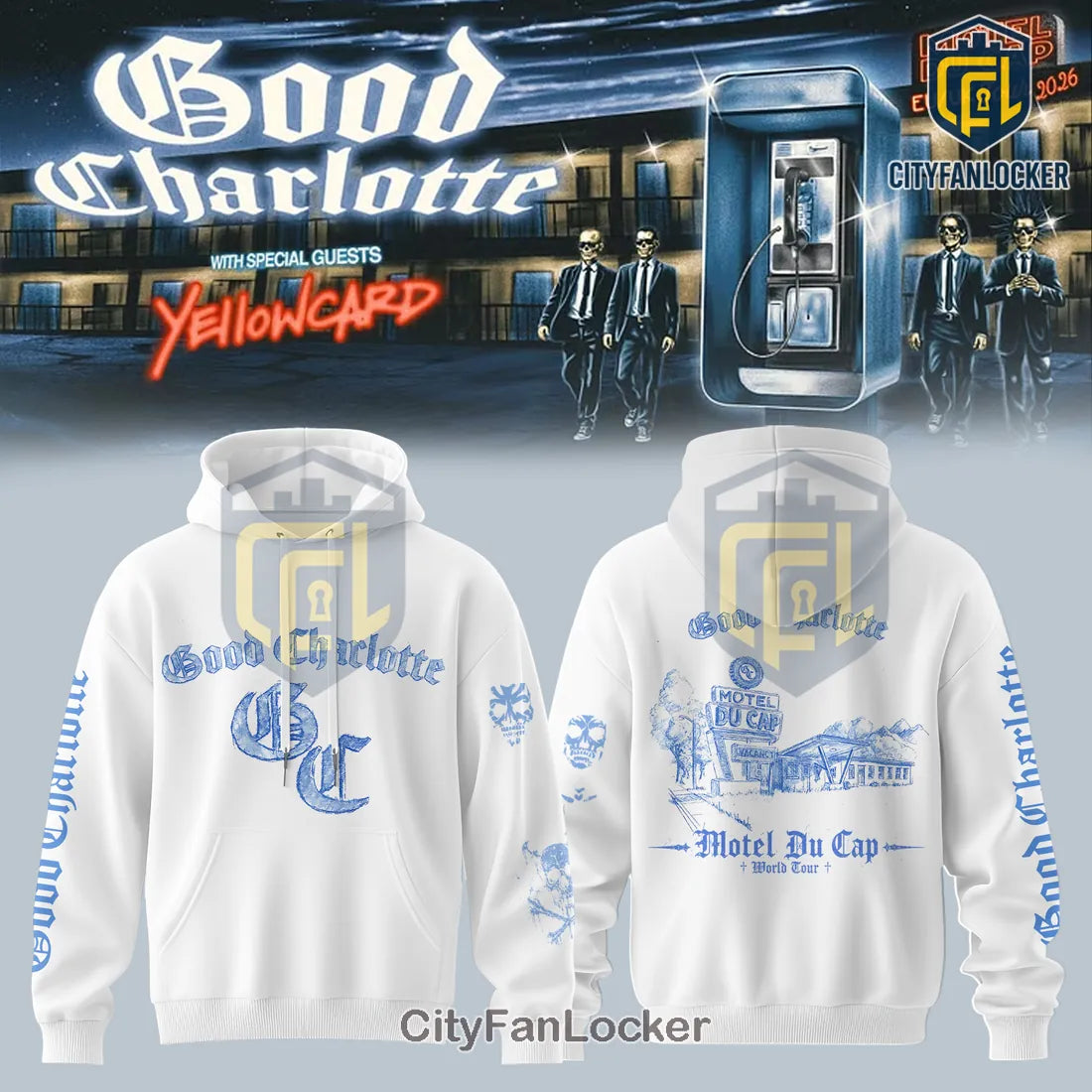 Good Charlotte Motel Du Cap Tour 2026 Blue Skull White Hoodie
