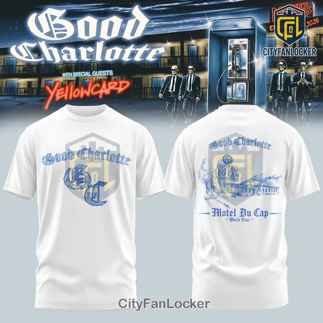 Good Charlotte Motel Du Cap Tour 2026 Blue Skull White Hoodie