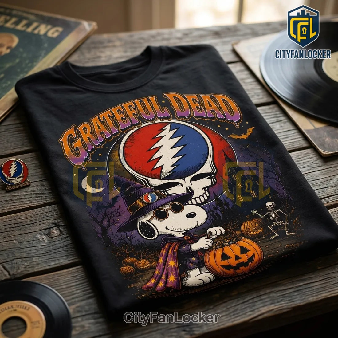 Grateful Dead x Snoopy Skeleton Pumpkin Cotton T-Shirt