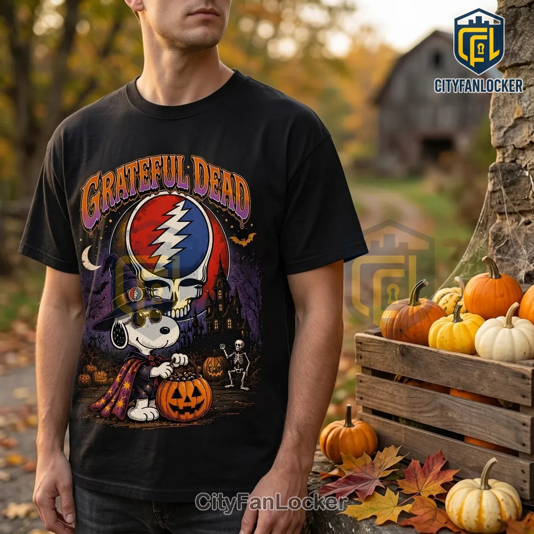 Grateful Dead x Snoopy Skeleton Pumpkin Cotton T-Shirt