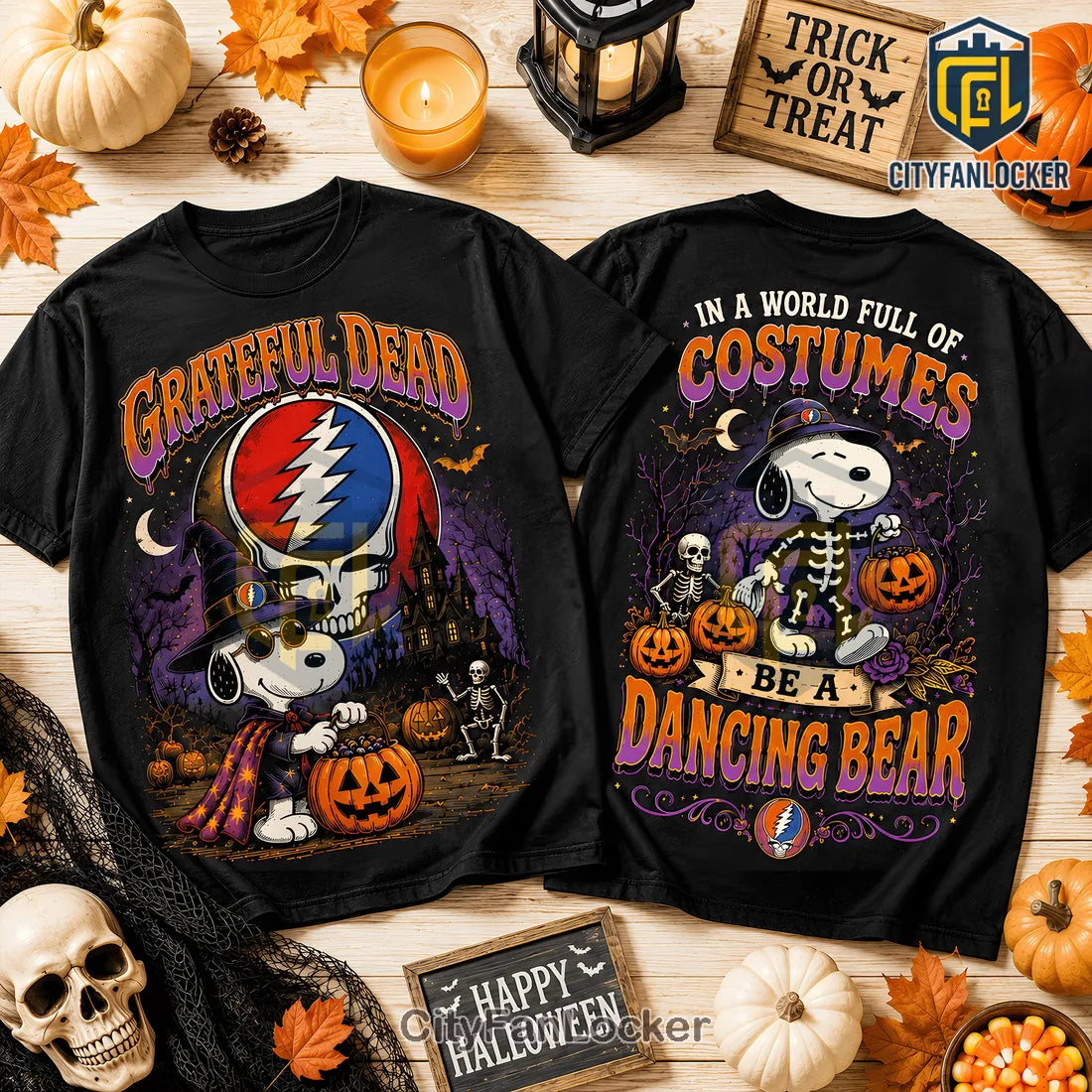 Grateful Dead x Snoopy Skeleton Pumpkin Cotton T-Shirt