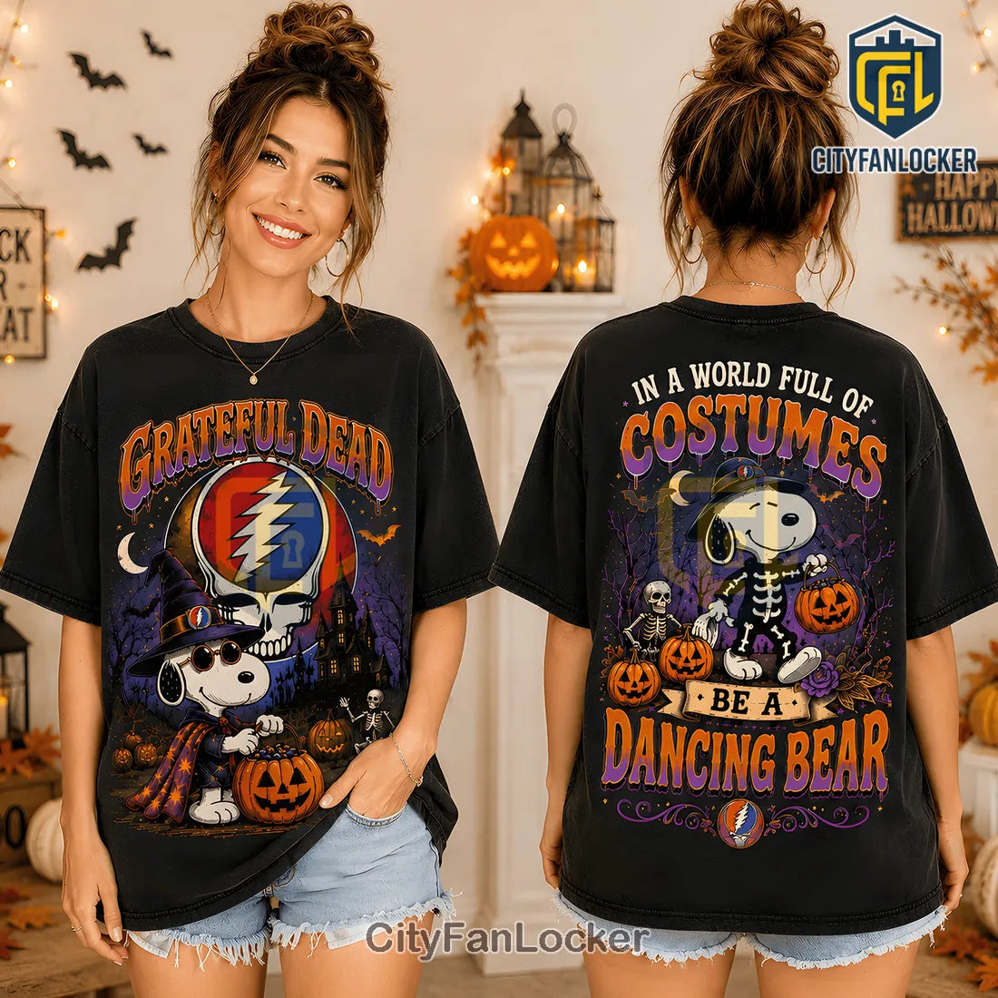 Grateful Dead x Snoopy Skeleton Pumpkin Cotton T-Shirt