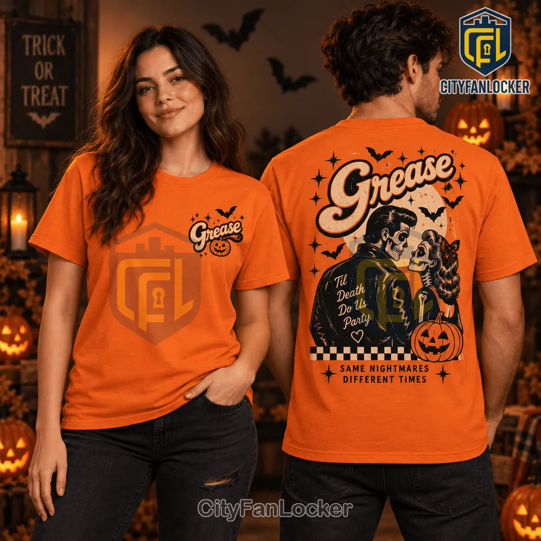 Grease Skeleton Couple Orange Halloween T-Shirt