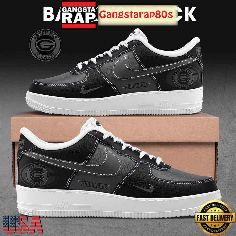 Green Bay Packers Back In Black Custom Name Air Force 1 Sneakers Shoes