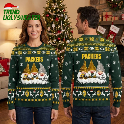 Green Bay Packers Christmas Gnome Trio Dark Green Ugly Christmas Sweater