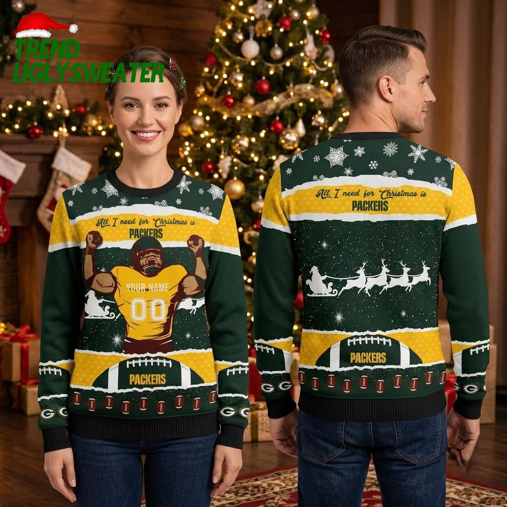 Green Bay Packers Custom Name And Number Football Player Ugly Christmas Sweater