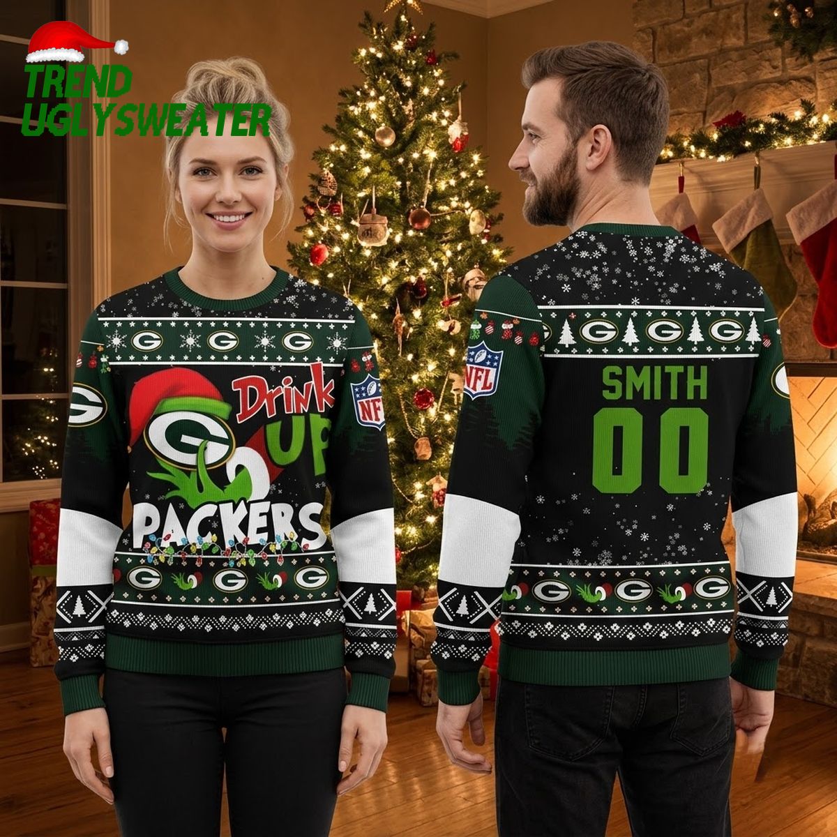 Green Bay Packers Grinch Drink Up Custom Name And Number Ugly Christmas Sweater