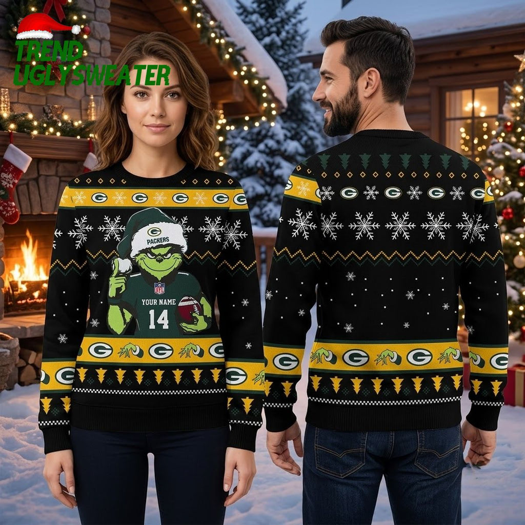 Green Bay Packers Grinch Football Player Number 14 Custom Name Ugly Christmas Sweater