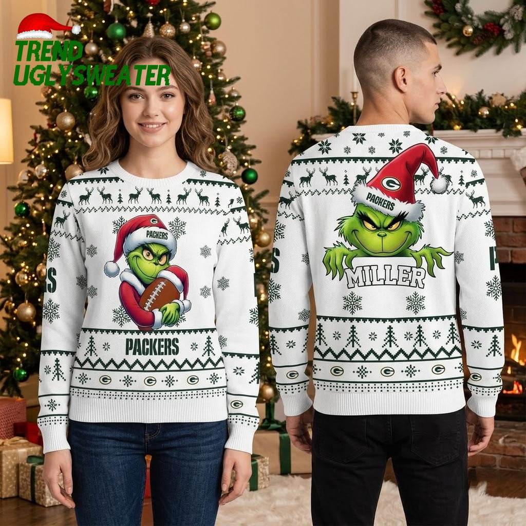 Green Bay Packers Grinch Football Santa Hat Ugly Christmas Sweater