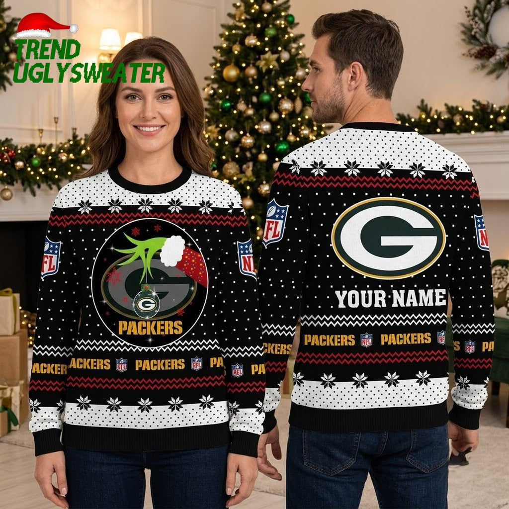 Green Bay Packers Grinch Hand Personalized Custom Name Ugly Christmas Sweater