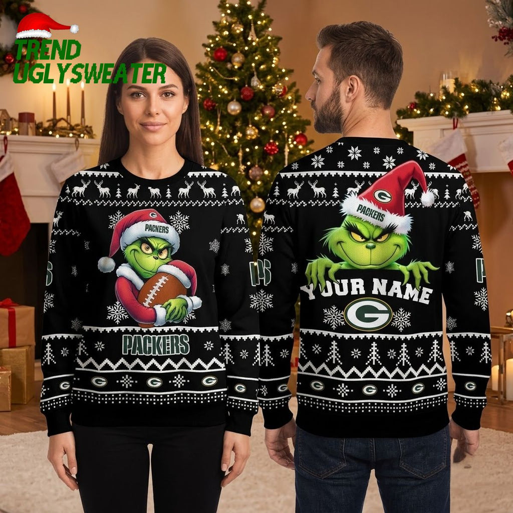Green Bay Packers Grinch Holding Football Custom Name Ugly Christmas Sweater