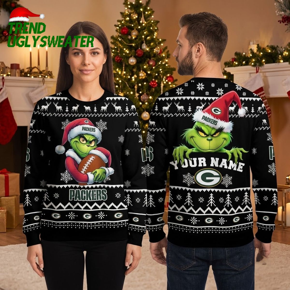 Green Bay Packers Grinch Holding Football Custom Name Ugly Christmas Sweater