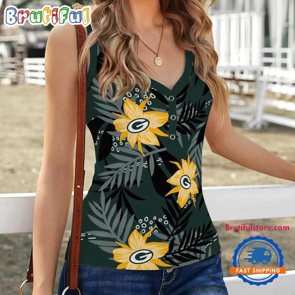 Green Bay Packers Hibiscus Pattern Women’s V-Neck Ribbed Tank Top