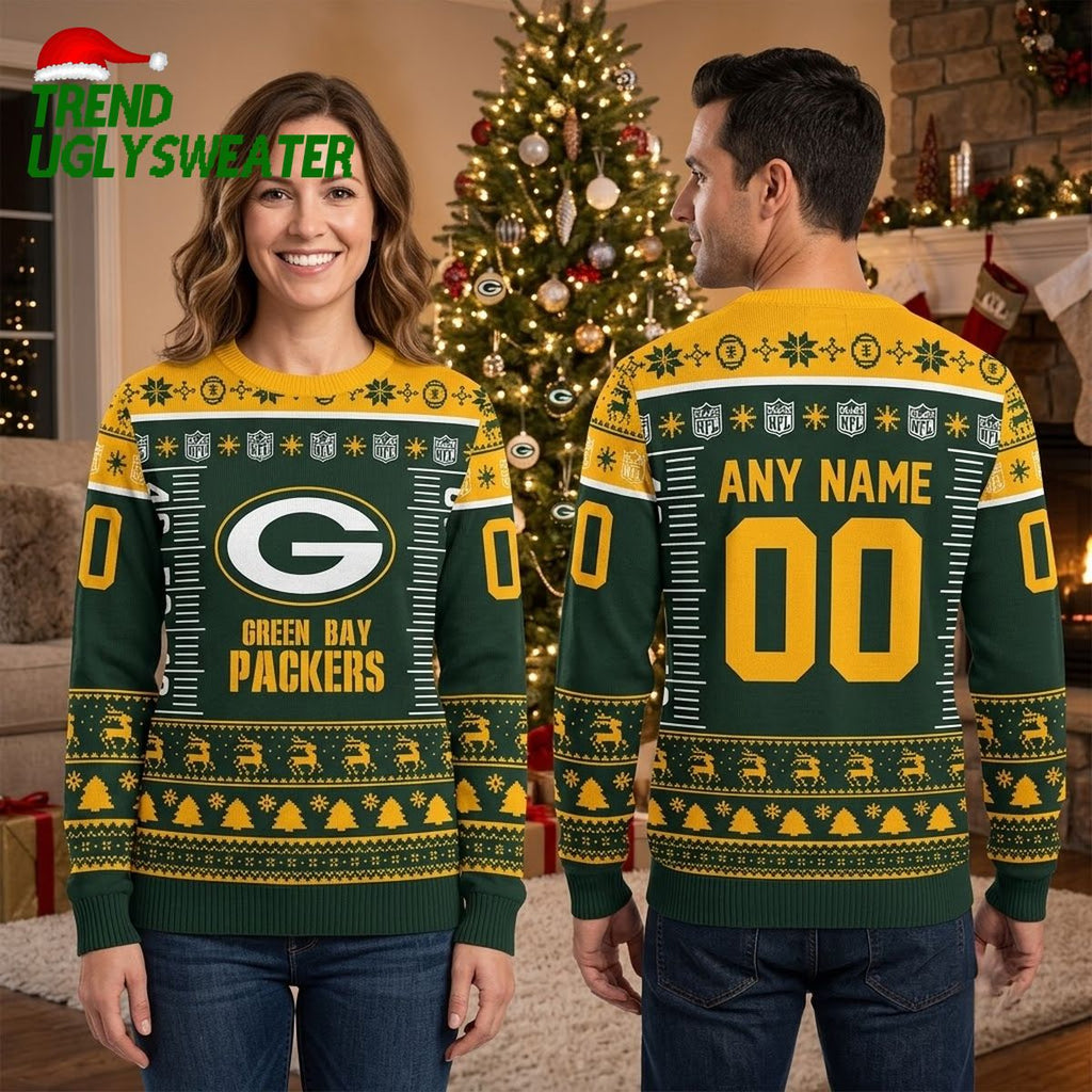 Green Bay Packers Logo Custom Name And Number Ugly Christmas Sweater