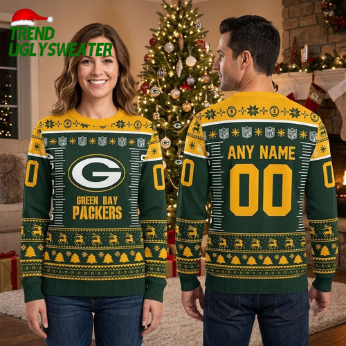 Green Bay Packers Logo Custom Name And Number Ugly Christmas Sweater