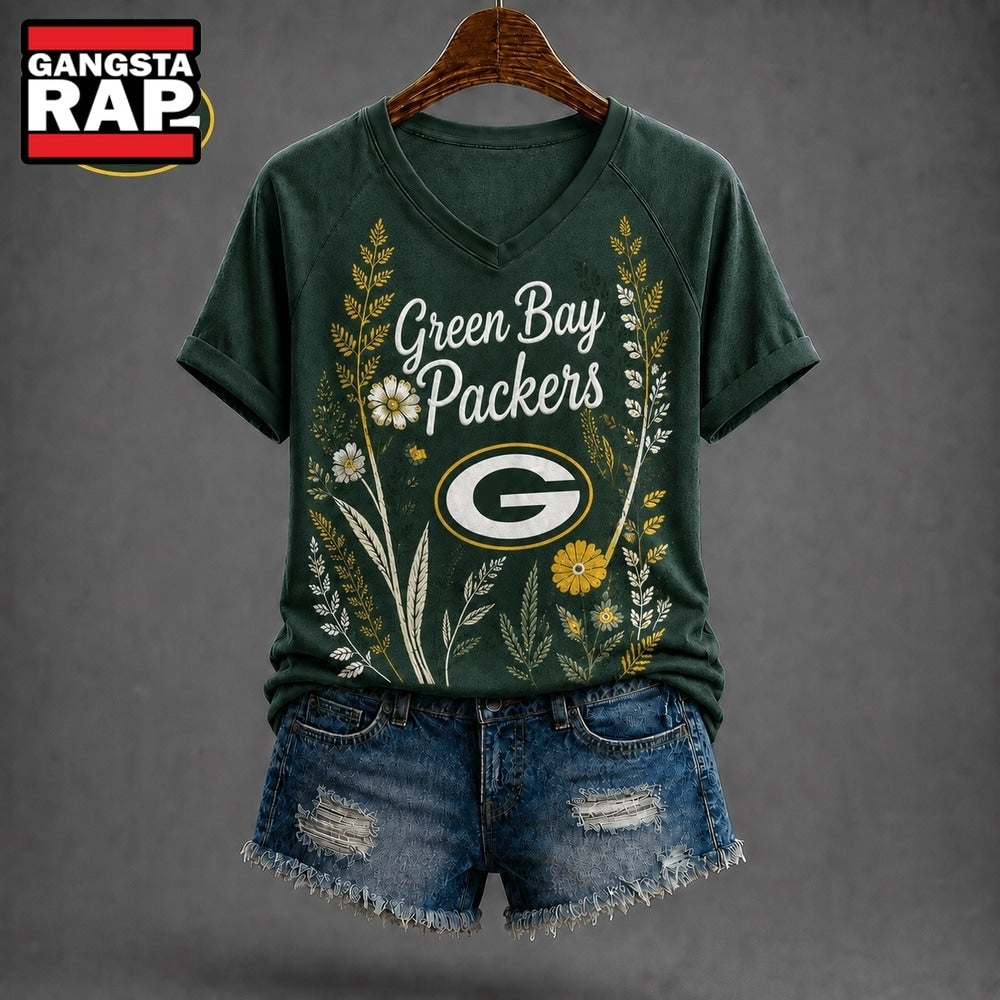 Green Bay Packers NFL Floral Garden V Neck T Shirt