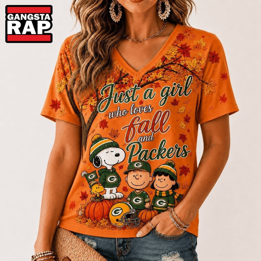 Green Bay Packers NFL Snoopy Peanuts Fall Season V Neck T Shirt