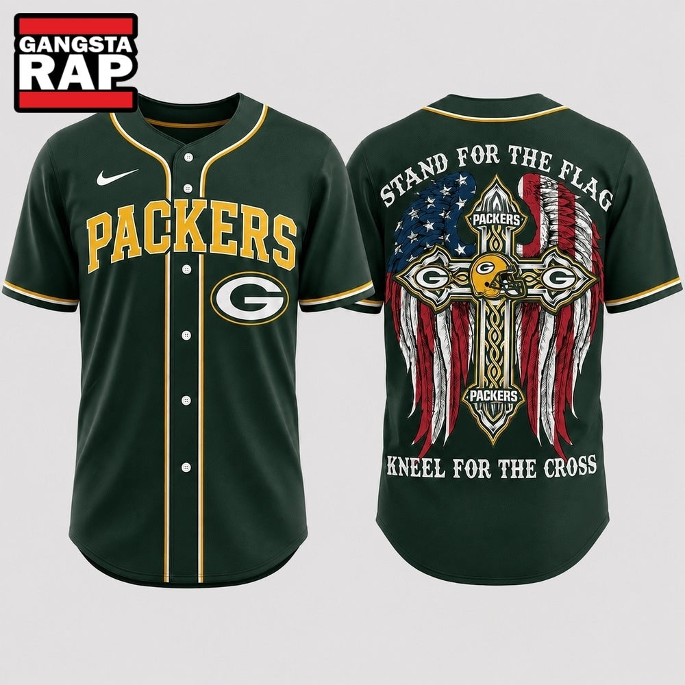 Green Bay Packers NFL Stand For The Flag Kneel For The Cross Baseball Jersey Shirt
