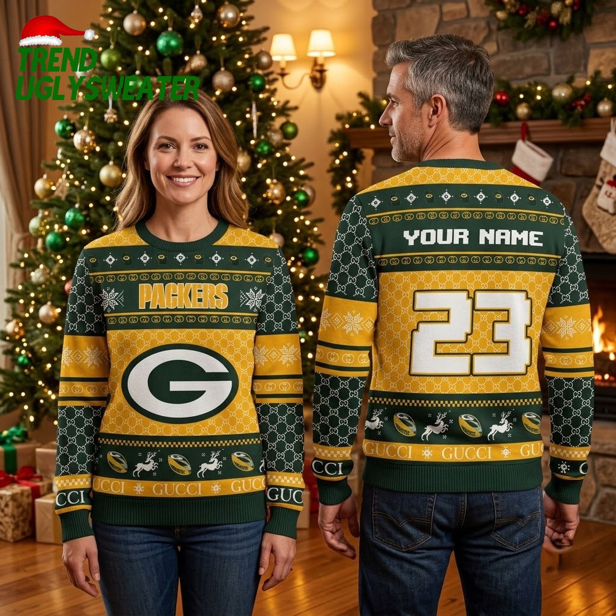 Green Bay Packers Personalized Custom Name And Number G Logo Ugly Christmas Sweater