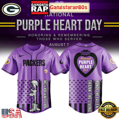 Green Bay Packers Purple Heart Day 2025 Unique Design Baseball Jersey