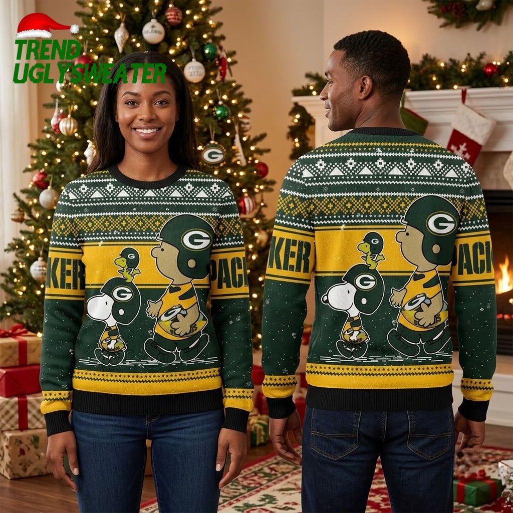 Green Bay Packers Snoopy And Charlie Brown Helmet Ugly Christmas Sweater