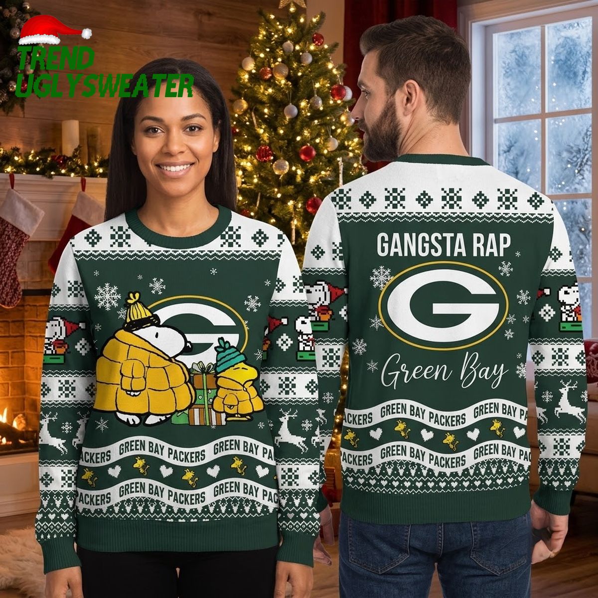 Green Bay Packers Snoopy And Woodstock Winter Coats Ugly Christmas Sweater