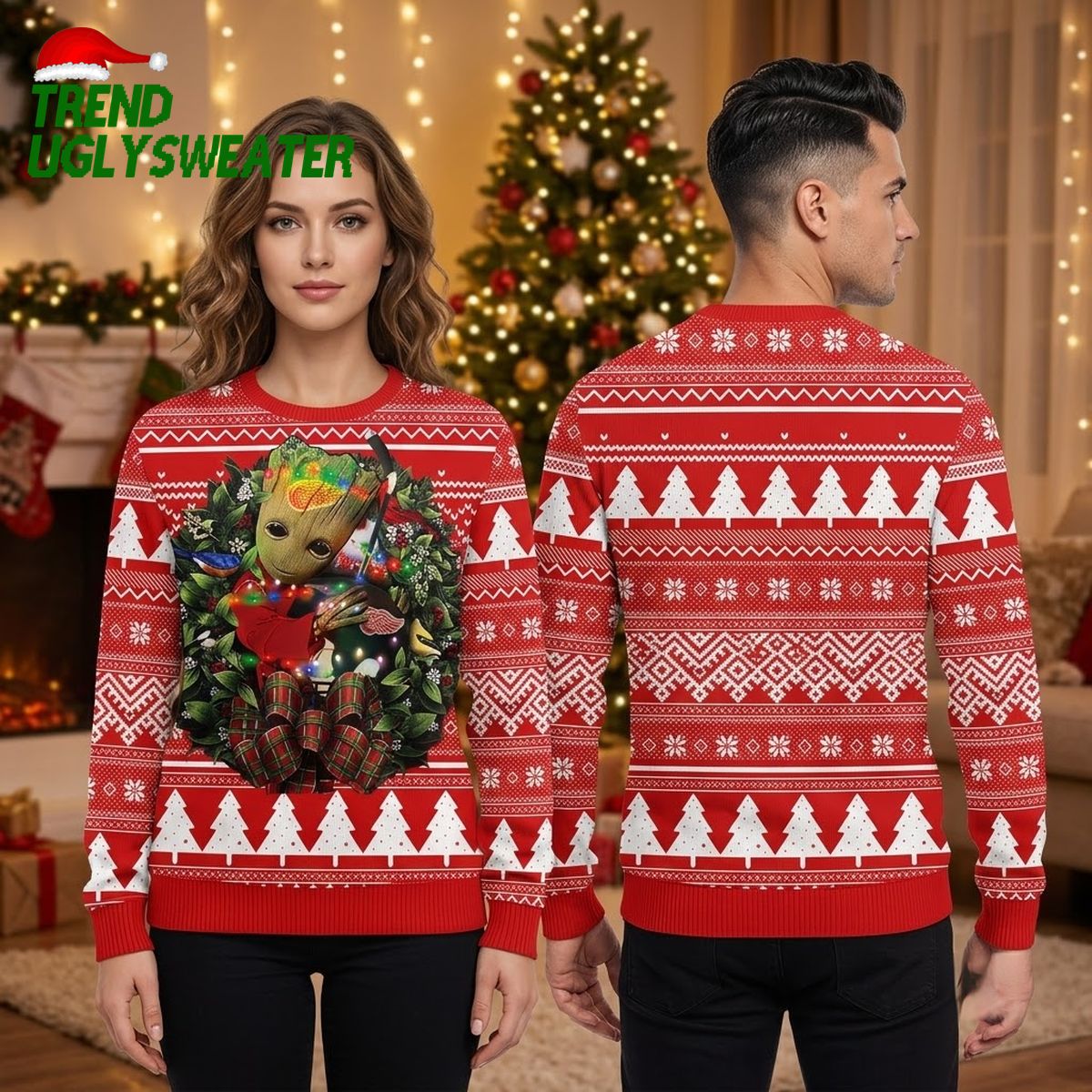 Groot Christmas Wreath And Lights Ugly Christmas Sweater