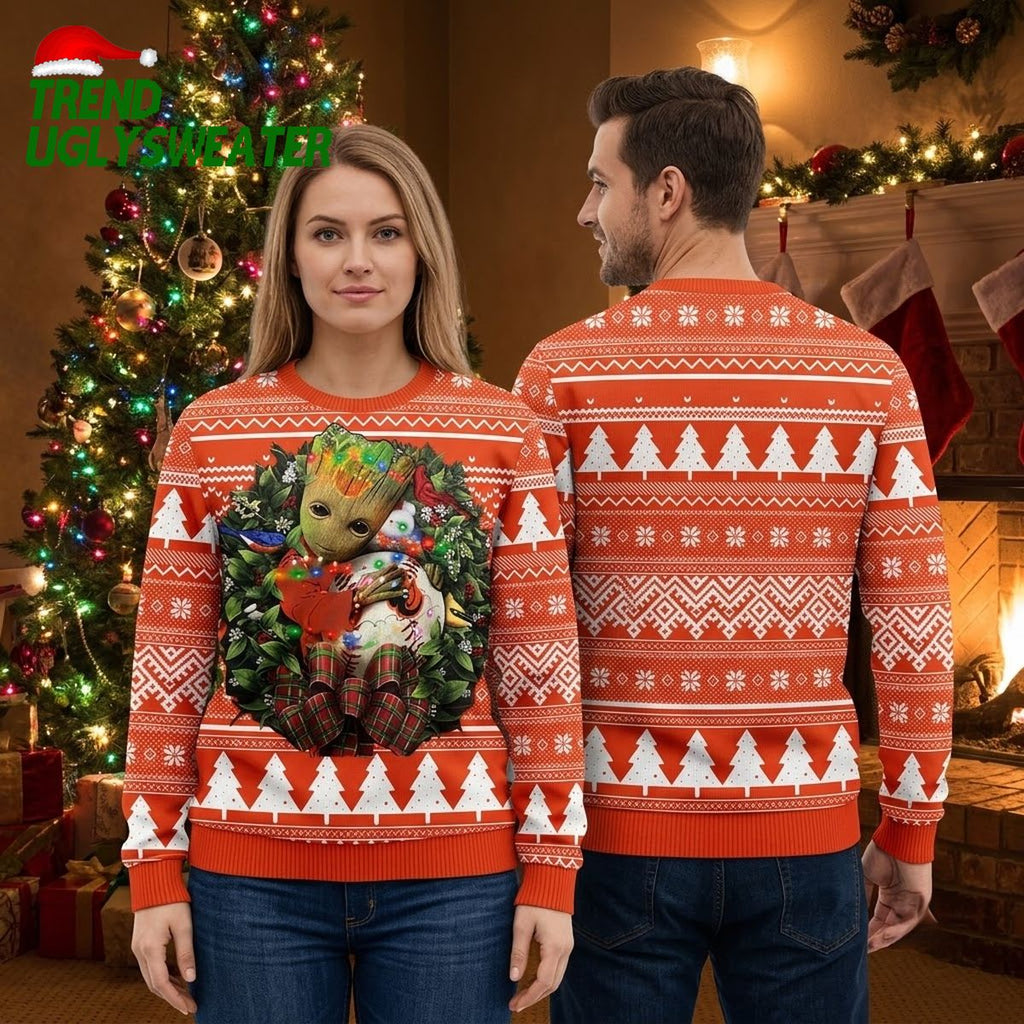 Groot Hugging Christmas Wreath Red Ugly Christmas Sweater