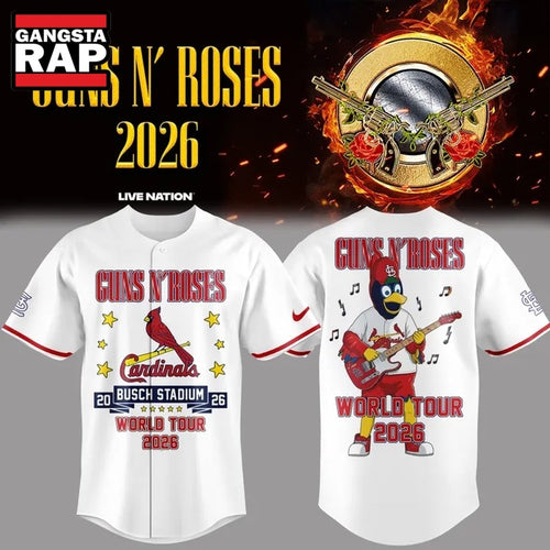 Guns N’ Roses x St. Louis Cardinals World Tour 2026 Mascot White Deisgn Baseball Jersey