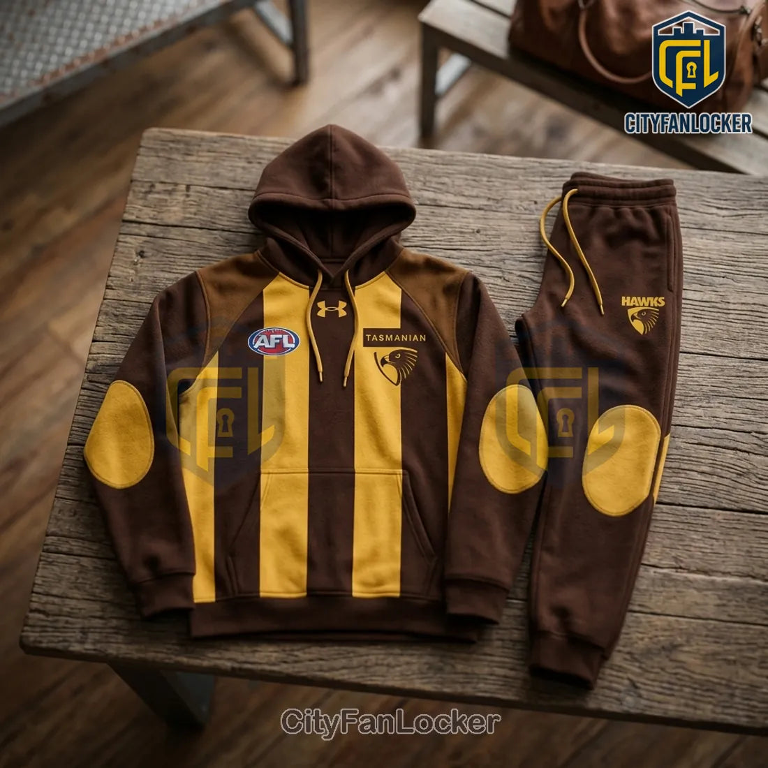 Hawthorn Hawks Brown and Gold Hoodie and Jogger Sports Set