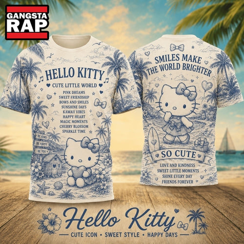 Hello Kitty Blue Palm Trees Vintage Storybook 2026 Vintage 3D Shirt