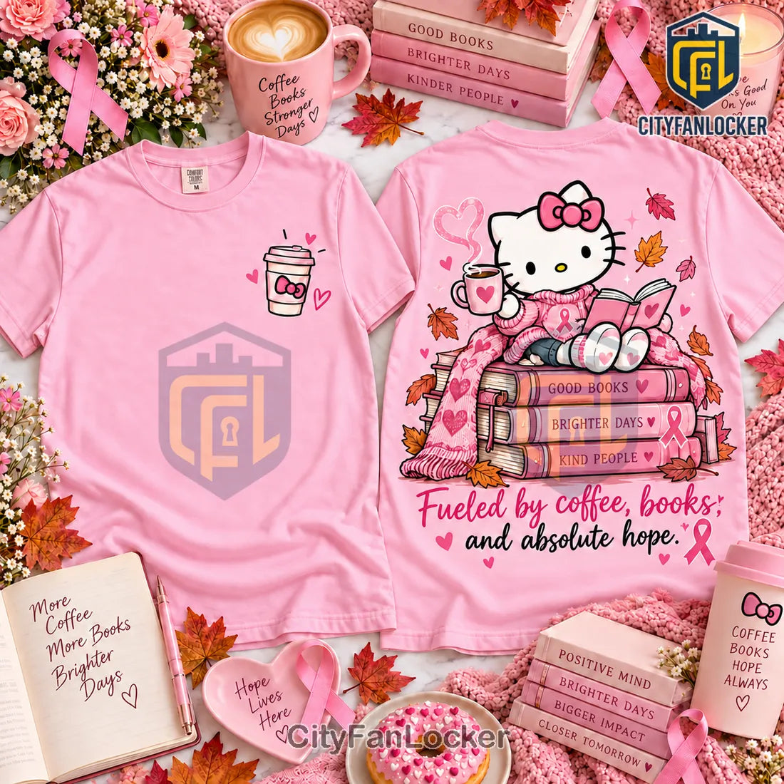 Hello Kitty Breast Cancer Coffee Books Hope Shirt