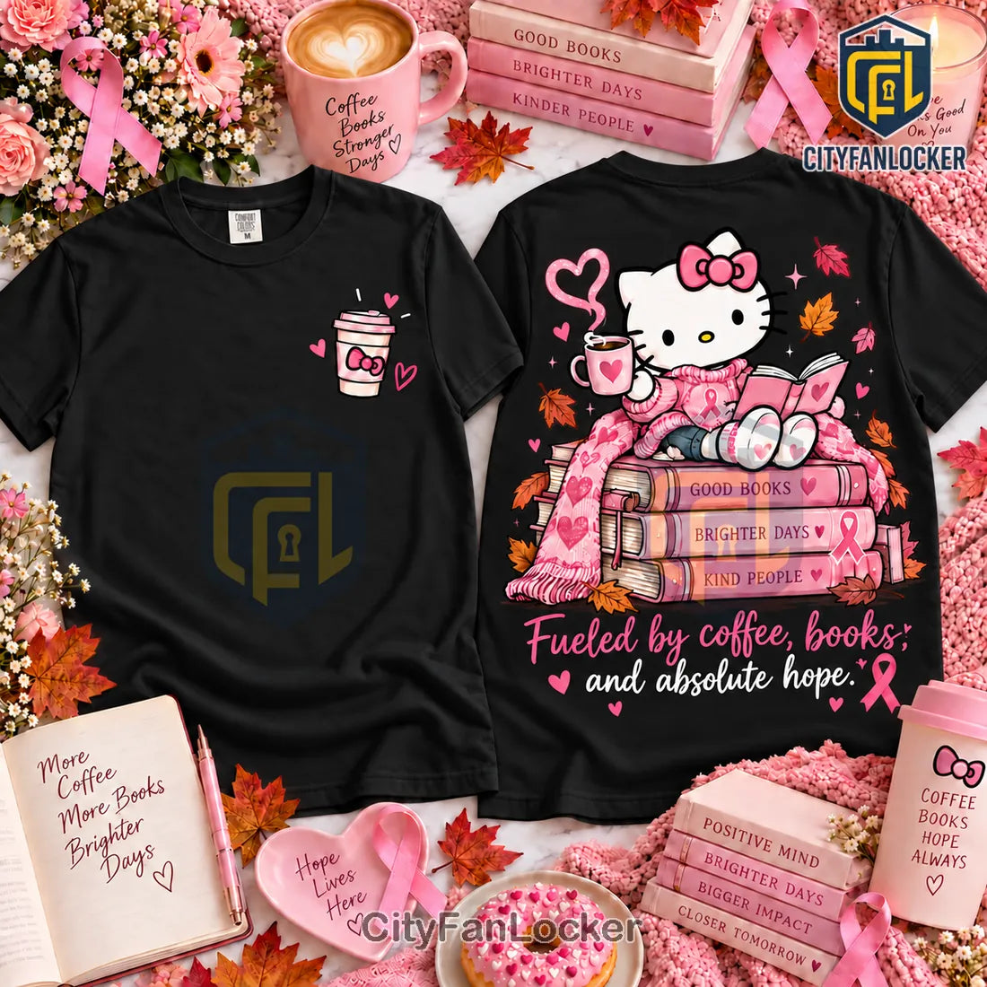 Hello Kitty Breast Cancer Coffee Books Hope Shirt