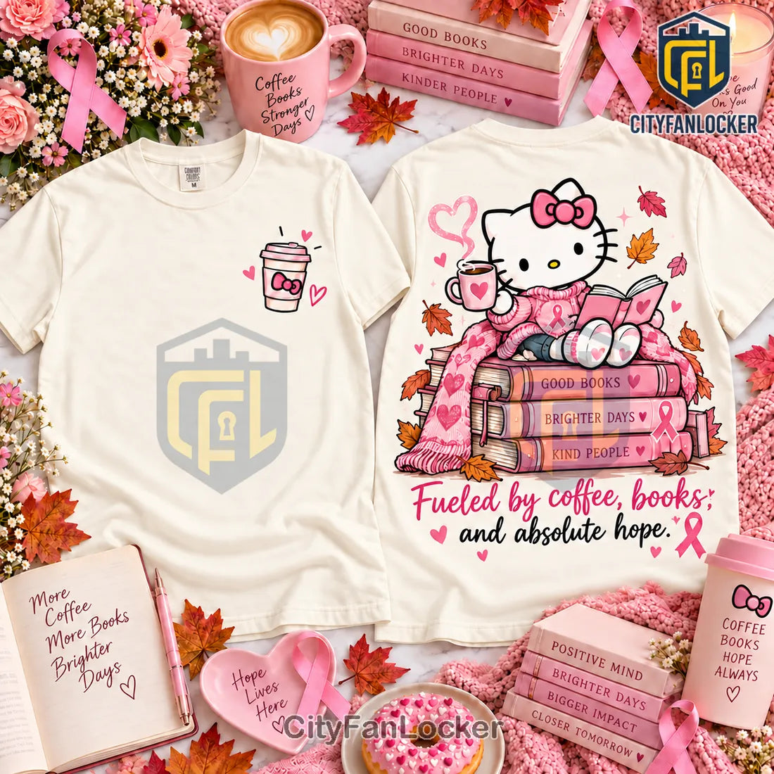 Hello Kitty Breast Cancer Coffee Books Hope Shirt