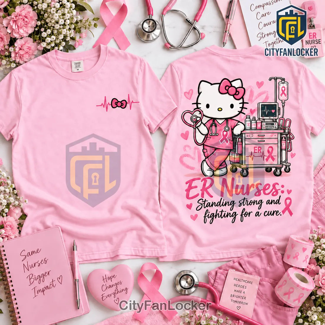 Hello Kitty ER Nurse Pink Breast Cancer Awareness Shirt