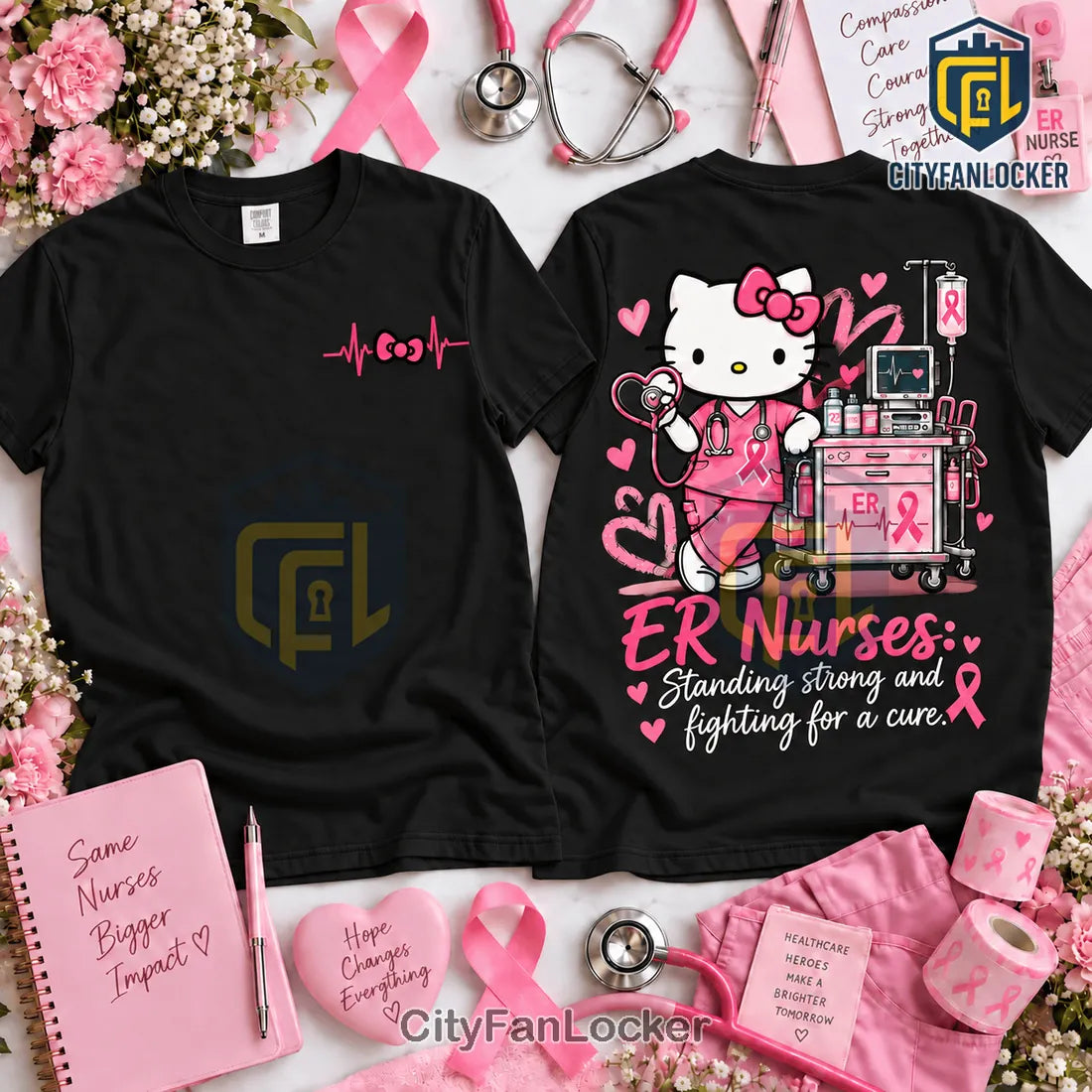 Hello Kitty ER Nurse Pink Breast Cancer Awareness Shirt