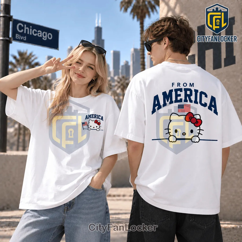 Hello Kitty USA Flag Printed Cotton T-Shirt