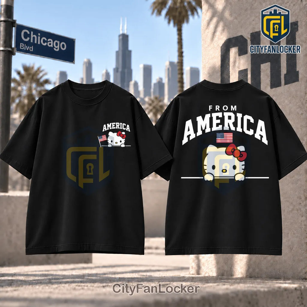 Hello Kitty USA Flag Printed Cotton T-Shirt