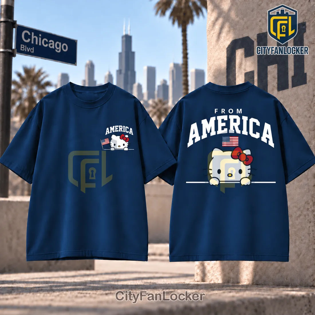 Hello Kitty USA Flag Printed Cotton T-Shirt