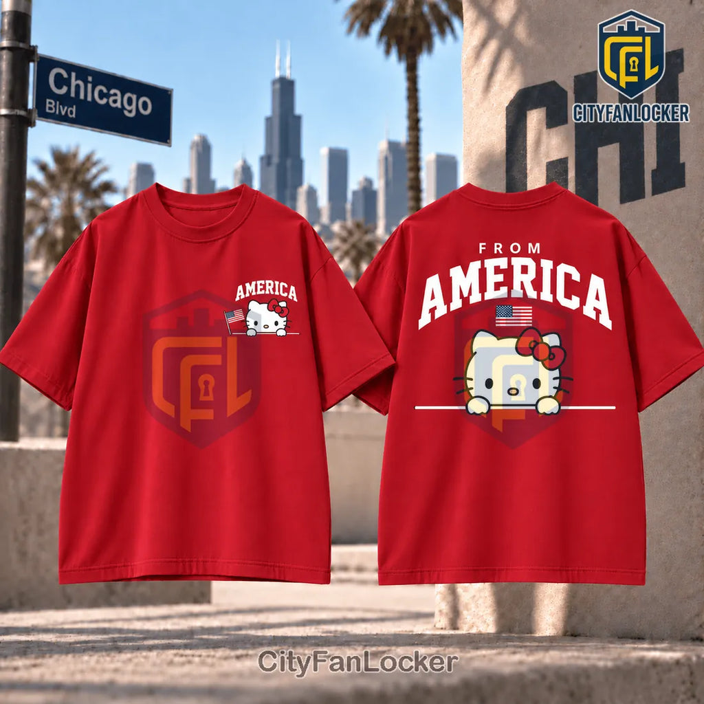 Hello Kitty USA Flag Printed Cotton T-Shirt