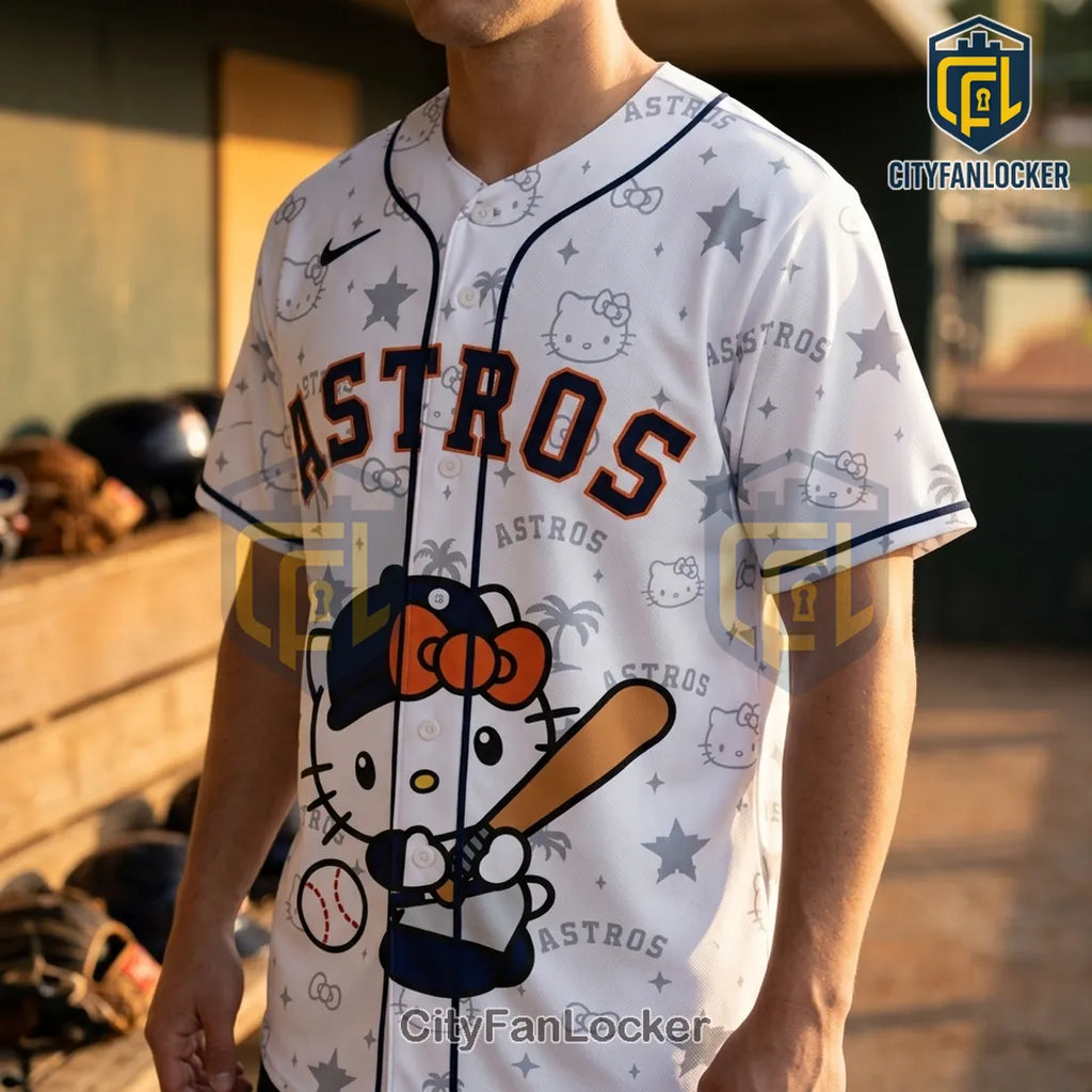 Hello Kitty x Houston Astros White Button Down Baseball Jersey