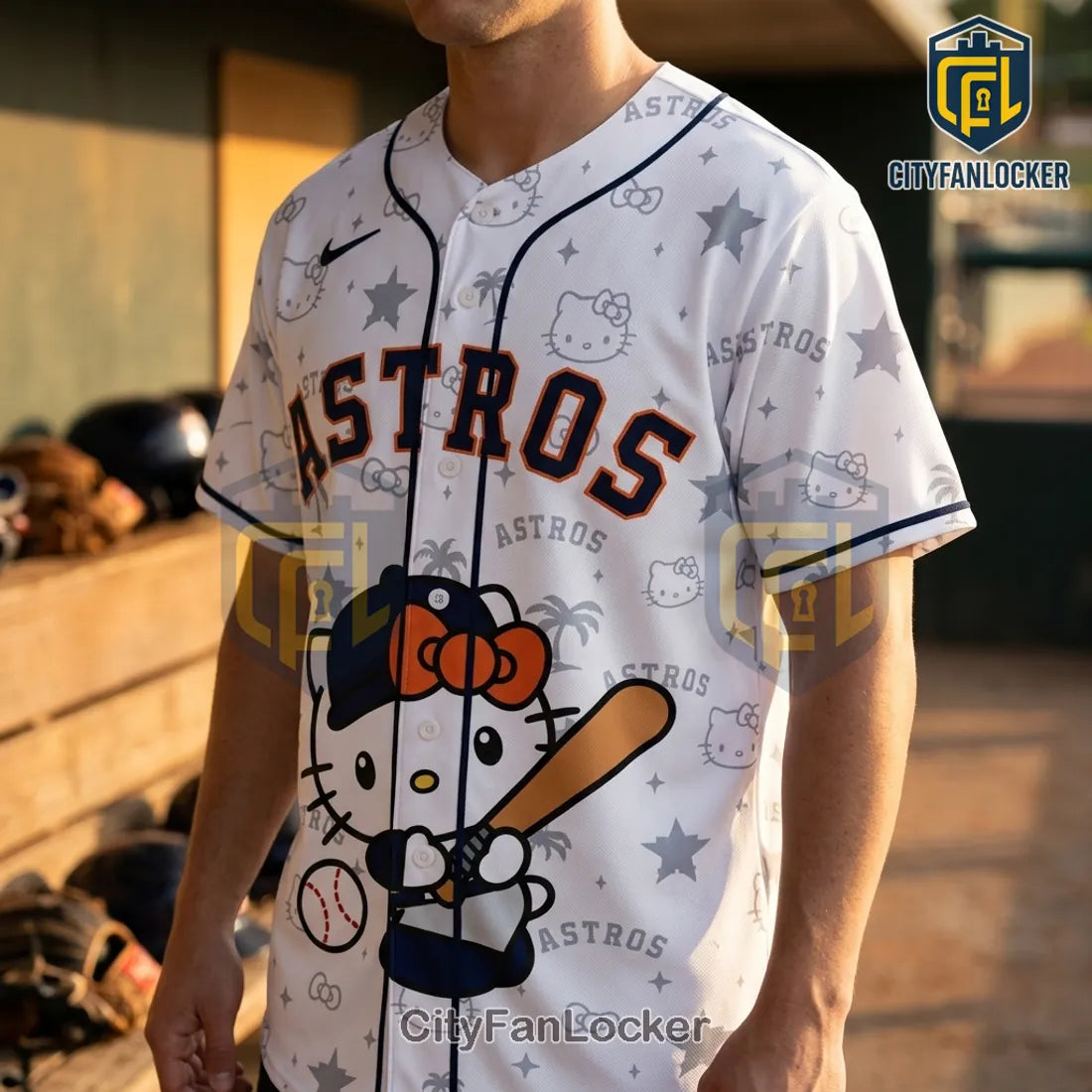 Hello Kitty x Houston Astros White Button Down Baseball Jersey