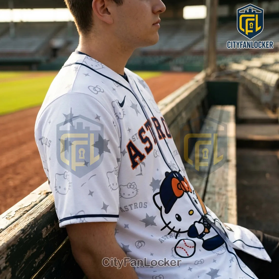 Hello Kitty x Houston Astros White Button Down Baseball Jersey