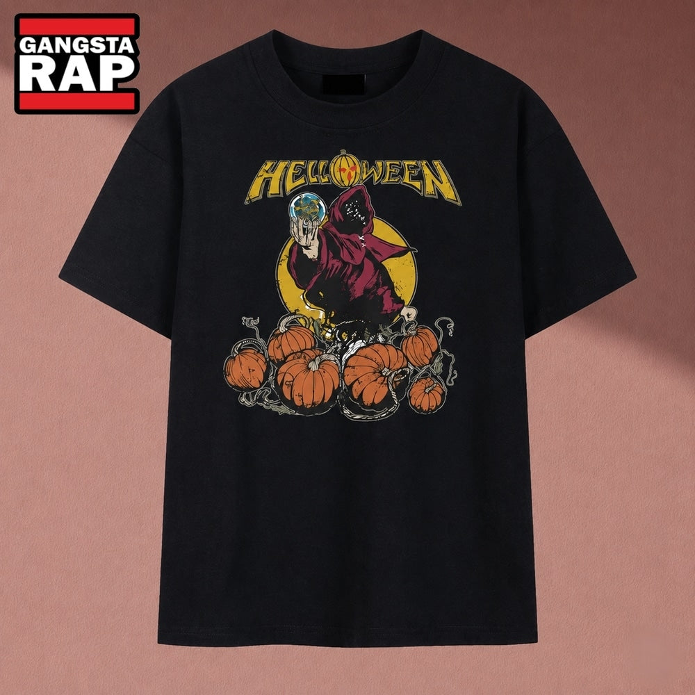 Helloween Hooded Sorcerer Crystal Ball Pumpkins Graphic T Shirt, Music 2D Shirt