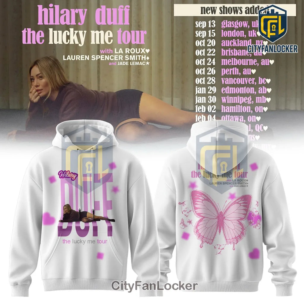 Hilary Duff The Lucky Me Tour Pink Butterfly White Hoodie