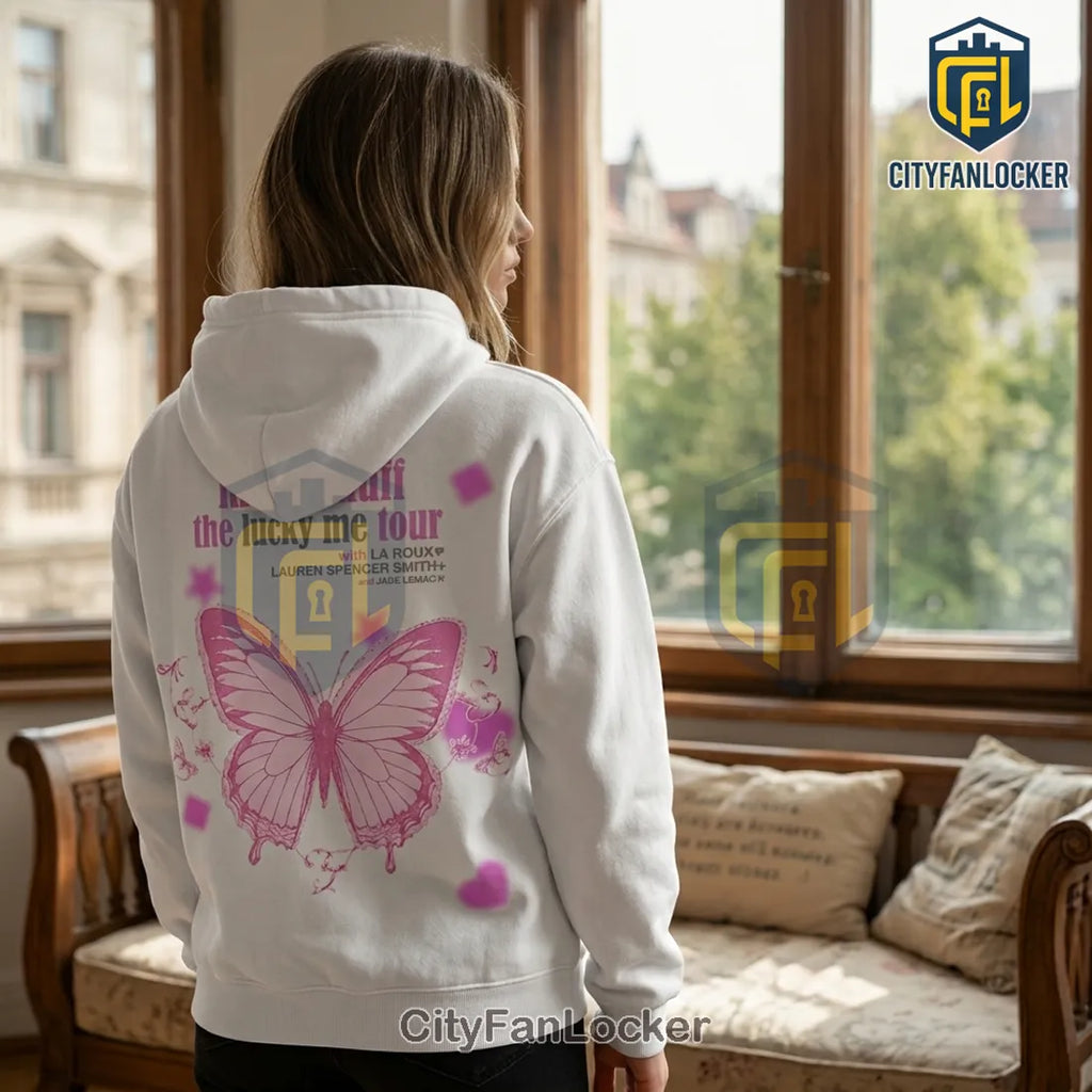 Hilary Duff The Lucky Me Tour Pink Butterfly White Hoodie