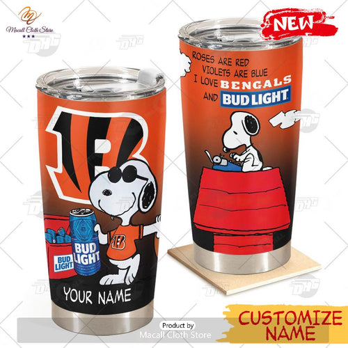 HOT Personalized NFL Cincinnati Bengals Snoopy BUD LIGHT Beer Lover Stainless Steel Tumbler
