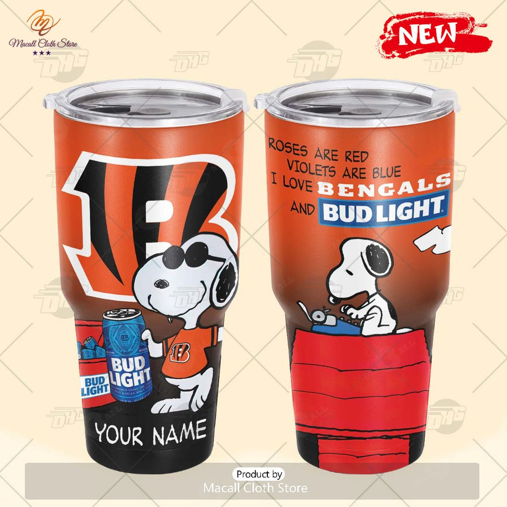 HOT Personalized NFL Cincinnati Bengals Snoopy BUD LIGHT Beer Lover Stainless Steel Tumbler